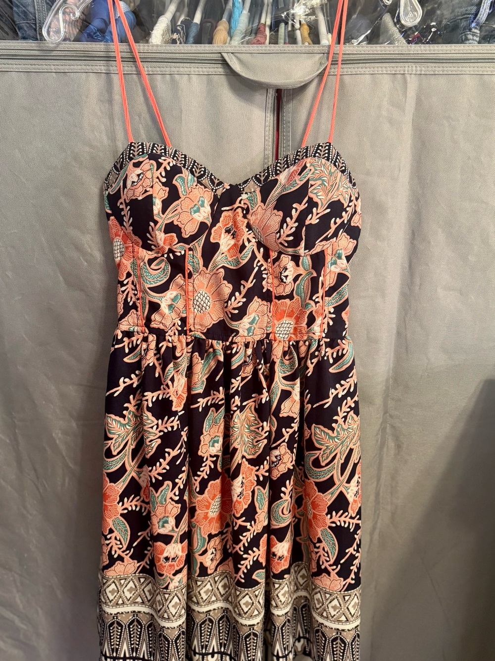 Band of Gypsies Navy Maxi Dress with Coral and Teal Floral Print- Medium